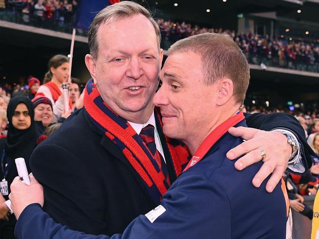 Glen Bartlett and coach Simon Goodwin embrace after a 2018 win. Picture: Getty Images