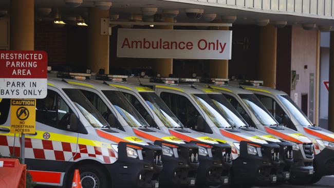 Full ambulance bays at Liverpool Hospital. Picture: Jonathan Ng