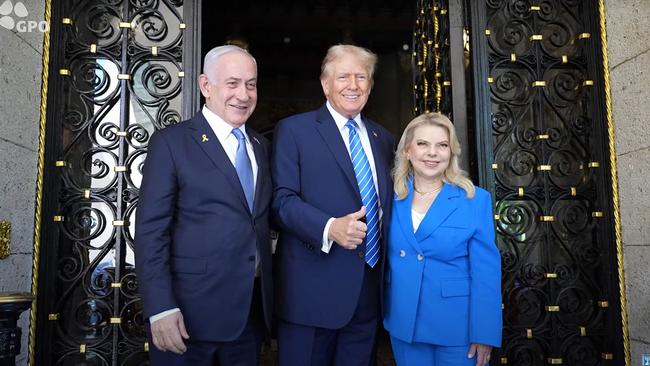 Donald Trump with Benjamin Netanyahu and his wife Sara being welcomed to Mar-a-Lago. Picture: AFP