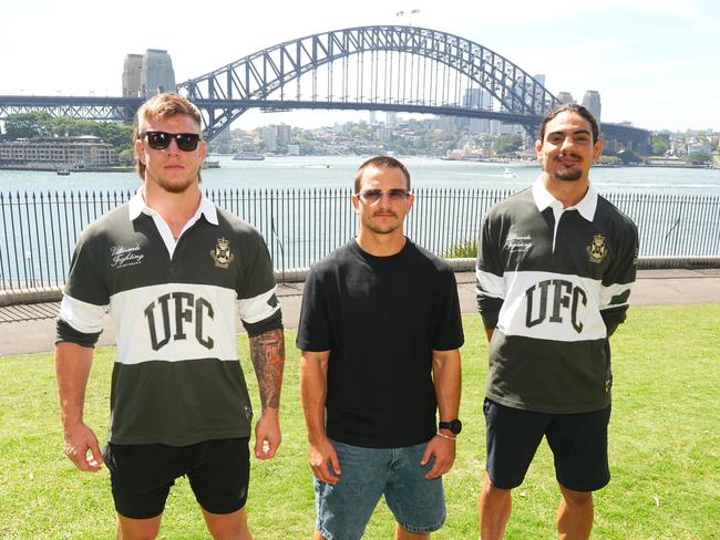 Victorian fighters Jimmy Crute, Jack Jenkins and Jono Micallef are plotting a Sydney takeover at UFC 312. Picture: Jeff Bottari/UFC