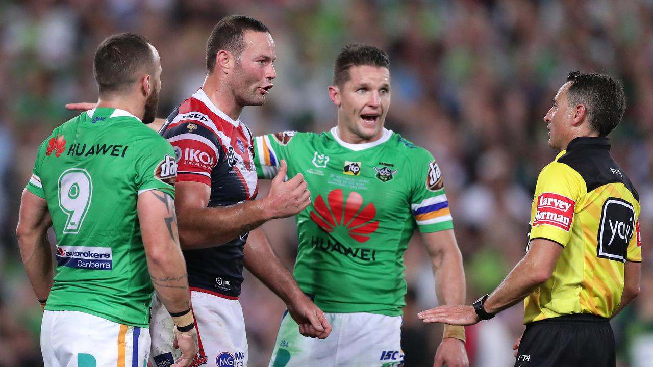 Boyd Cordner and Jarrod Croker debate with the referee during the 2019 Grand Final.