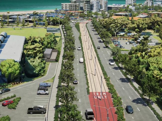 Artist impression of Gold Coast Light Rail Stage 4 from Burleigh Heads to the border via Gold Coast Airport.