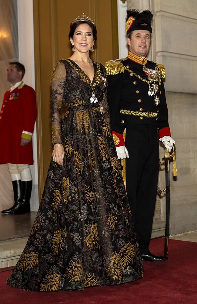 Crown Princess Mary and Crown Prince Frederik arrive at the traditional New Year’s Day banquet. Picture: Ole Jensen/Getty