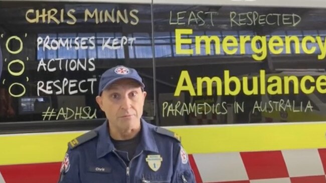 Paramedic Chris Branson urged the government to make a ‘reasonable pay offer’, with the HSU calling for a 20 per cent increase. Picture: Supplied