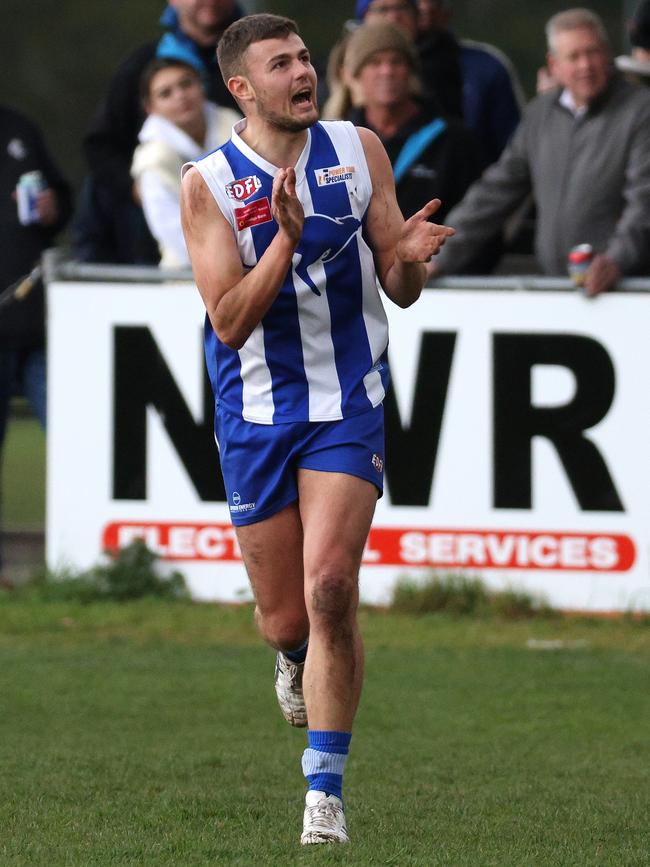 EDFL: Mitchell Robinson celebrates a goal for Oak Park. Picture: Hamish Blair