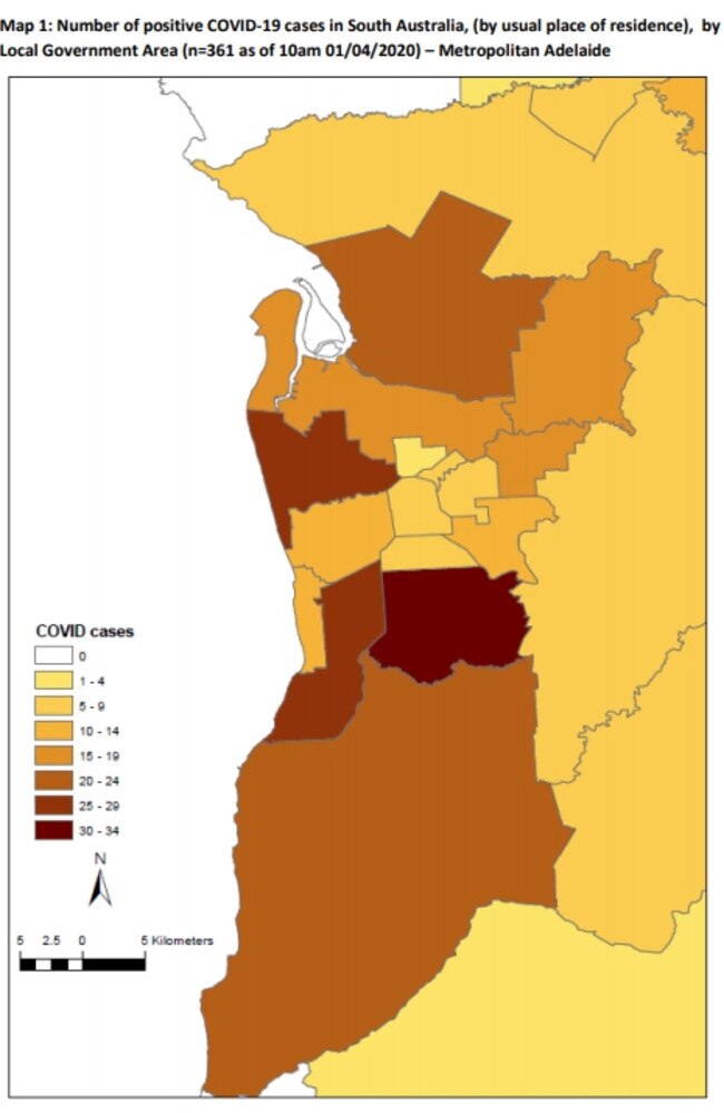 COVID-19 cases mapped by council area in metropolitan South Australia.