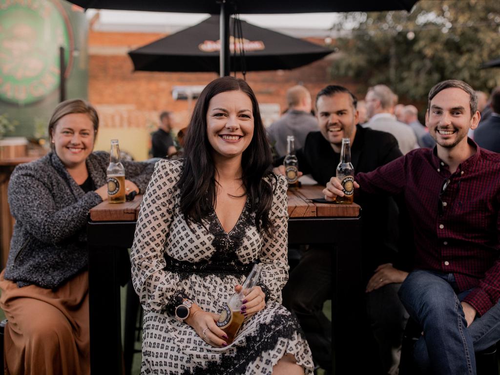 Angie Hart, of Launceston, left, Marie Burt and Dan Taylor, of ChilliFM Launceston, and Damien Pinkerton, of Launceston, at the the relaunch of Boag’s St George beer. Picture: ROSIE HASTIE