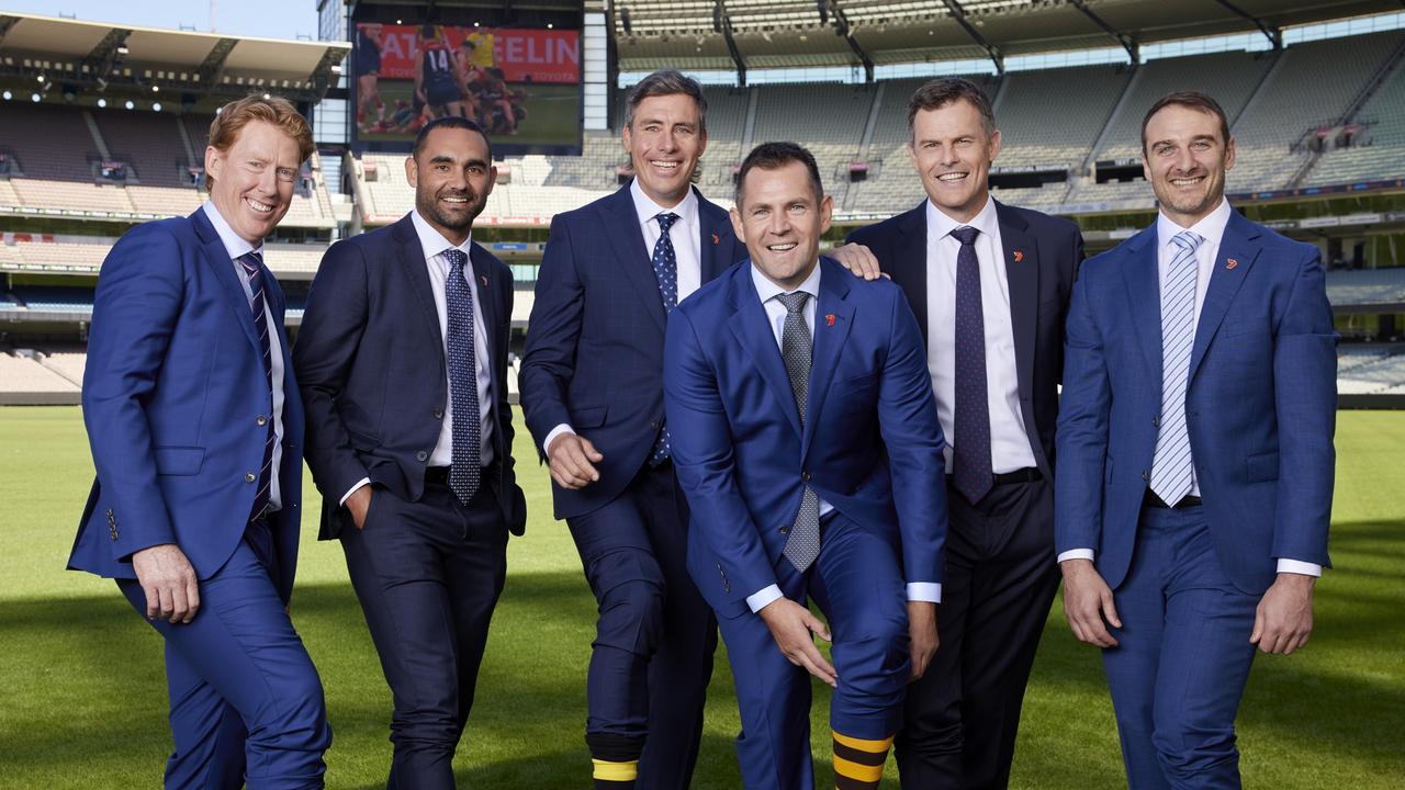 Channel 7 commentators Cameron Ling, Shaun Burgoyne, Matthew Richardson, Luke Hodge, Luke Darcy and Jobe Watson. Photo: Supplied