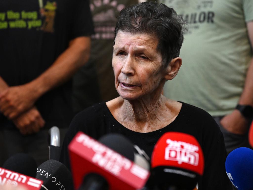 Yocheved Lifshitz, 85, speaks to the media after being released by Hamas. Picture: Getty