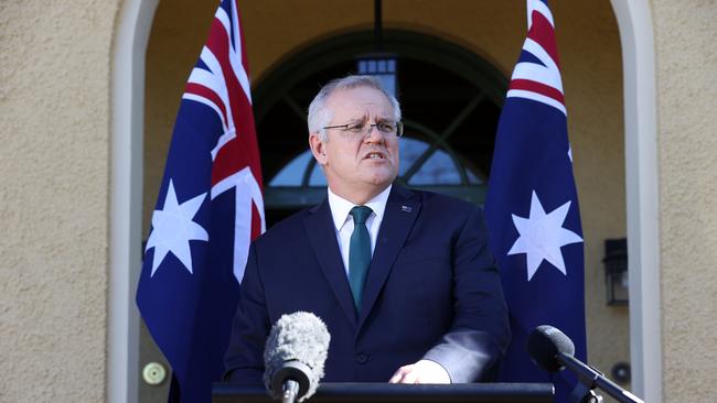 Prime Minister Scott Morrison addresses the media at The Lodge in Canberra today. Picture: NCA NewsWire / Gary Ramage