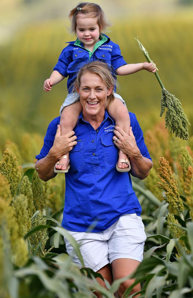 Farmer Kate Gunn of Pine Cliffs property Gunnedah NSW. Photographed in their Sorghum crop with her two year old daughter Zoe. Picture: Paul Matthews