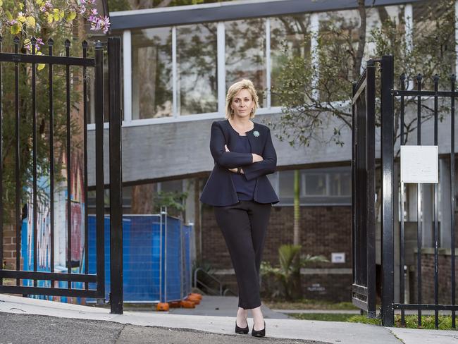 Member for Warringah Zali Steggall outside Balgowlah Boys Campus at Balgowlah has previously called for better facilities for the expanding student population at the school. Picture: Troy Snook