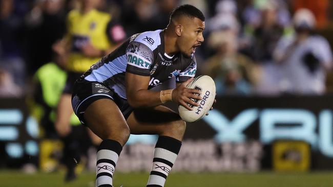 Cronulla's Sione Katoa scores a controversial try during the Cronulla Sharks v Canberra Raiders NRL match at Southern Cross Group Stadium, Cronulla. Picture: Brett Costello