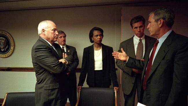 After returning to the White House, President George W. Bush meets with from left: Vice President Dick Cheney; Chief of Staff Andy Card; Condoleezza Rice, National Security Adviser, and Special Agent Carl Truscott of the U.S. Secret Service in the Presidential Emergency Operations Center of the White House. Picture: Eric Draper/The George W. Bush Presidential Library