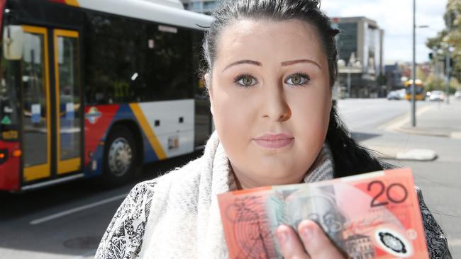 Chelsea Pinn, 21, of Para Vista couldn’t buy a bus ticket when she only had a $20 note. Picture: Stephen Laffer