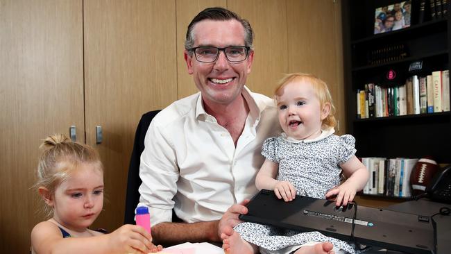 NSW Treasurer Dominic Perrottet with this daughters. Picture: Toby Zerna