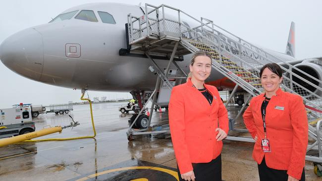 Jetstar crew Alessia Roso and Katherine Grigg prepare for flights returning to Avalon Airport on Friday. Picture: Mark Wilson