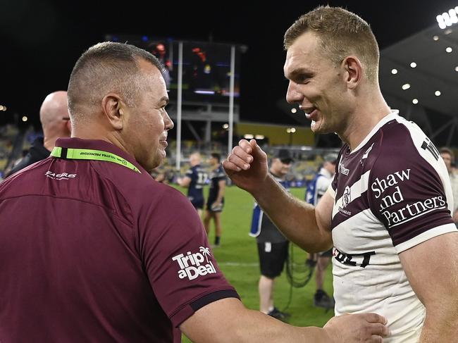 TOWNSVILLE, AUSTRALIA - JULY 06: Sea Eagles coach Anthony Seibold celebrates with Tom Trbojevic of the Sea Eagles after winning the round 18 NRL match between North Queensland Cowboys and Manly Sea Eagles at Qld Country Bank Stadium, on July 06, 2024, in Townsville, Australia. (Photo by Ian Hitchcock/Getty Images)