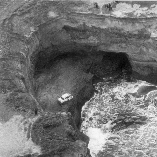 The car with the bodies of Therese Crawford and her children on a ledge in Loch Ard Gorge thirty years ago.