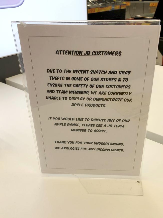 After recent snatch and grab thefts at JB HIFI stores, all Apple products have been removed from display.