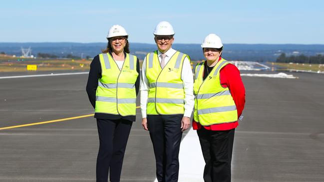 Minister for Infrastructure, Catherine King, Prime Minister Anthony Albanese, and local MP for Werriwa Anne Stanley, after a press conference at the Western Sydney International Airport. Picture: Gaye Gerard