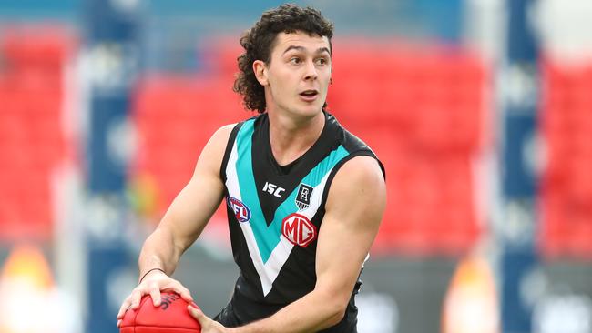 Darcy Byrne-Jones is the flying mullet at Port Adelaide. Picture: Chris Hyde (Getty).