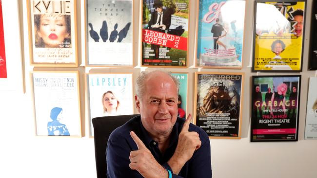 Music promoter Michael Gudinski in his Melbourne office. Pic: Stuart McEvoy