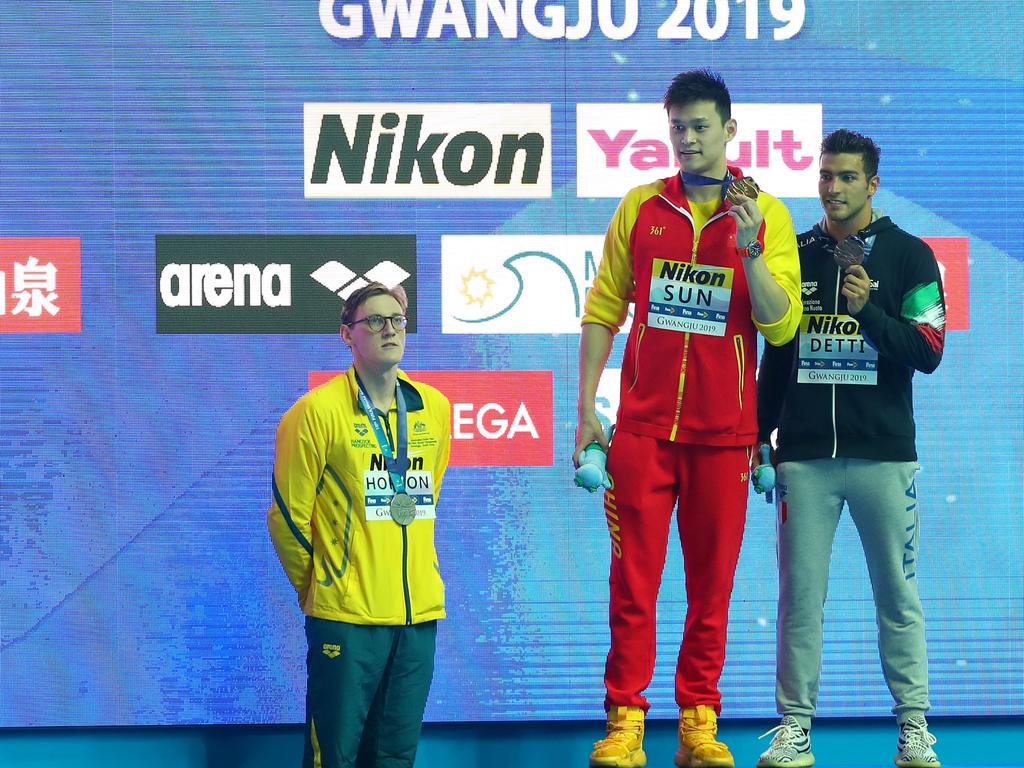 Mack Horton protests Sun Yang’s presence at the 2019 Swimming World Championships.