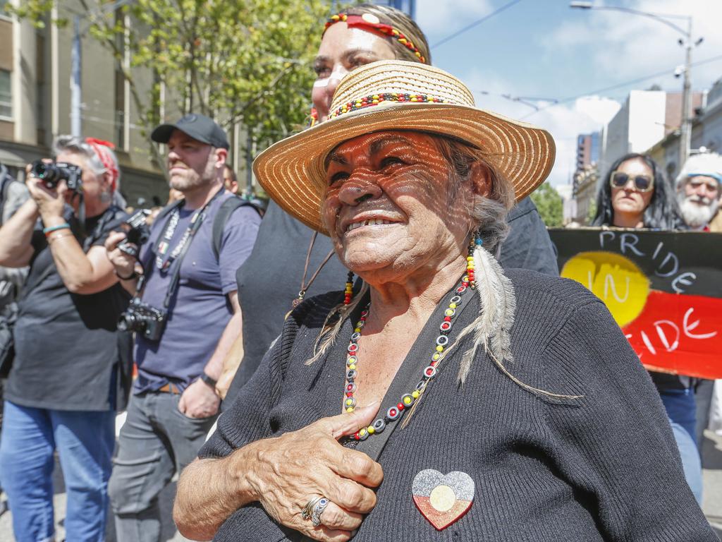 Aunty Shirley at the Melbourne Invasion Day rally. Picture : NCA NewsWire / Valeriu Campan