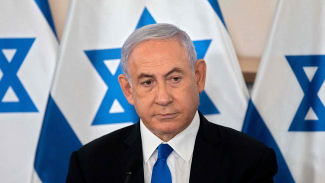 Israeli Prime Minister Benjamin Netanyahu appears at a briefing for ambassadors to Israel at the Hakirya military base in Tel Aviv, Israel, this week. Picture: AFP