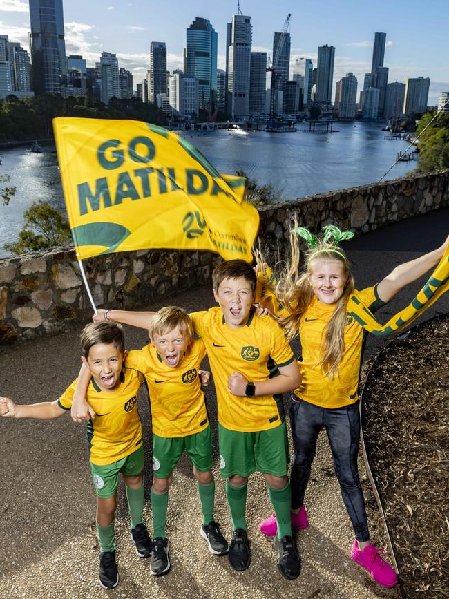 Coby Lincoln, 7, Cuba Curtis, 10, Jordan Lincoln, 10, and Jade Gregory, 9, support the Matildas. Picture: Richard Walker