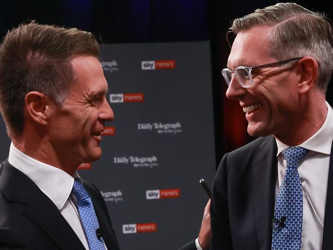 **Embargoed for The Daily Telegraph***.22, March, 2023., NSW Labor leader, Chris Minns, and NSW Premier Dominic Perrottet, meet at the start of The NSW PeopleÃ•s Forum. Sky News televised debate, at Penrith Panthers Rugby Leagues Club, Penrith, tonight., , Picture: Justin Lloyd.