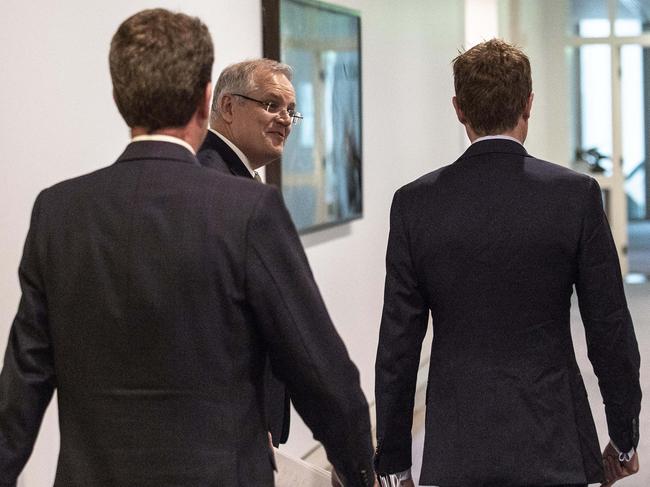 Prime Minister Scott Morrison with Attorney-GeneraÊChristian Porter and Minister for Education Dan Tehan. Picture: Gary Ramage