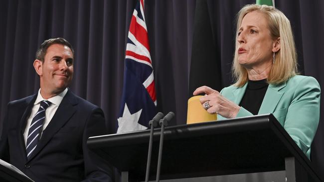 Treasurer Jim Chalmers and Finance Minister Katy Gallagher hold a press conference about the final budget outcome in September. Picture: Martin Ollman/NewsWire