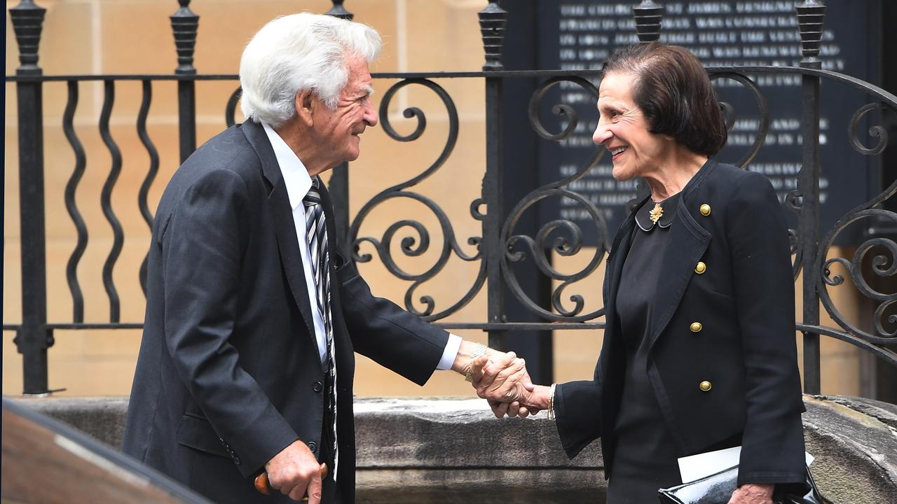 Former Prime Minister Bob Hawke with former NSW Governor Marie Bashir following the State Funeral of the late Nicholas Shehadie. Picture: AAP.