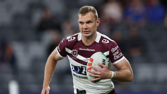SYDNEY, AUSTRALIA - MAY 23: Tom Trbojevic of the Sea Eagles warms up ahead of the round 12 NRL match between Parramatta Eels and Manly Sea Eagles at CommBank Stadium on May 23, 2025 in Sydney, Australia. (Photo by Cameron Spencer/Getty Images)