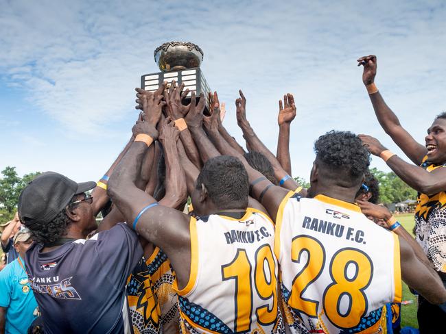 The Ranku Eagles win the 2020 Tiwi Island Football Grand Final, Bathurst Island, NT.Picture: Che Chorley