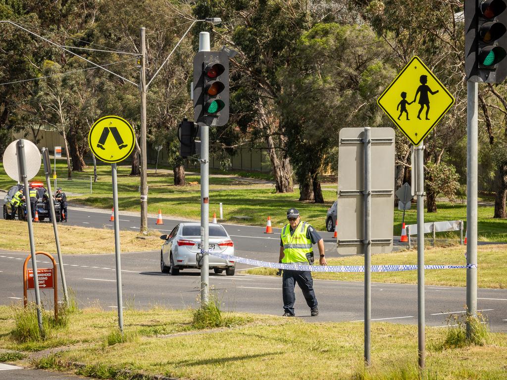 Police attend the scene of the crash in Endeavour Hills. Picture: Jake Nowakowski