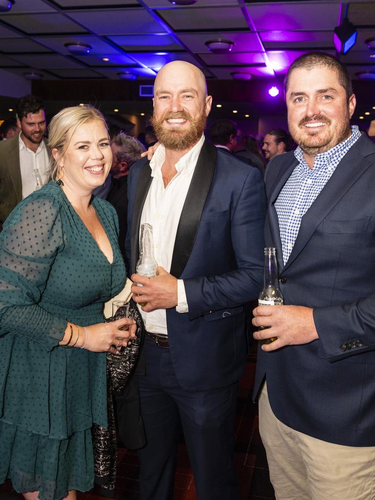 Tash Wheaton of Valdal Projects with Hughbert O'Reilly and James O'Reilly (right) of Toowoomba Formwork Company at the Downs and Western Housing and Construction Awards at Rumours International, Friday, July 22, 2022. Picture: Kevin Farmer