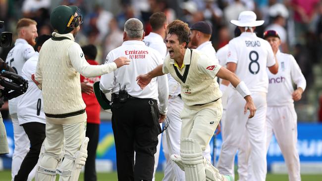 Pat Cummins prepares to embrace Nathan Lyon following Australia’s thrilling Edgbaston victory. Picture: Getty Images