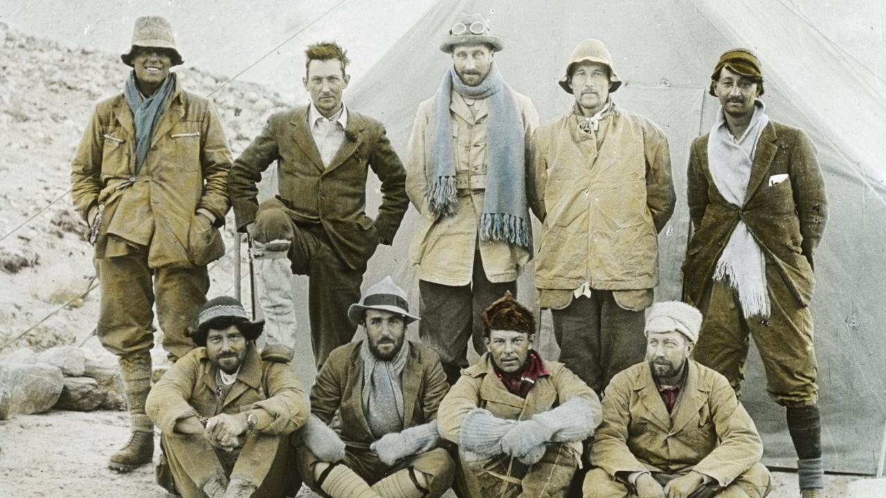 1924 Mount Everest Expedition, Back row (left to right) - Andrew Irvine, George Mallory, Edward Norton, Noel Odell and John Macdonald. Front row (left to right) - Edward Shebbeare, Geoffrey Bruce, Howard Somervell and Bentley Beetham, Tibet, China, Mount Everest Expedition 1924. (Photo by J.B. Noel/Royal Geographical Society via Getty Images)