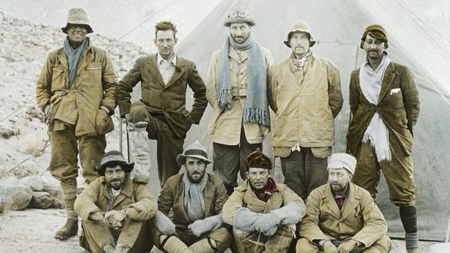 1924 Mount Everest Expedition, Back row (left to right) - Andrew Irvine, George Mallory, Edward Norton, Noel Odell and John Macdonald. Front row (left to right) - Edward Shebbeare, Geoffrey Bruce, Howard Somervell and Bentley Beetham, Tibet, China, Mount Everest Expedition 1924. (Photo by J.B. Noel/Royal Geographical Society via Getty Images)