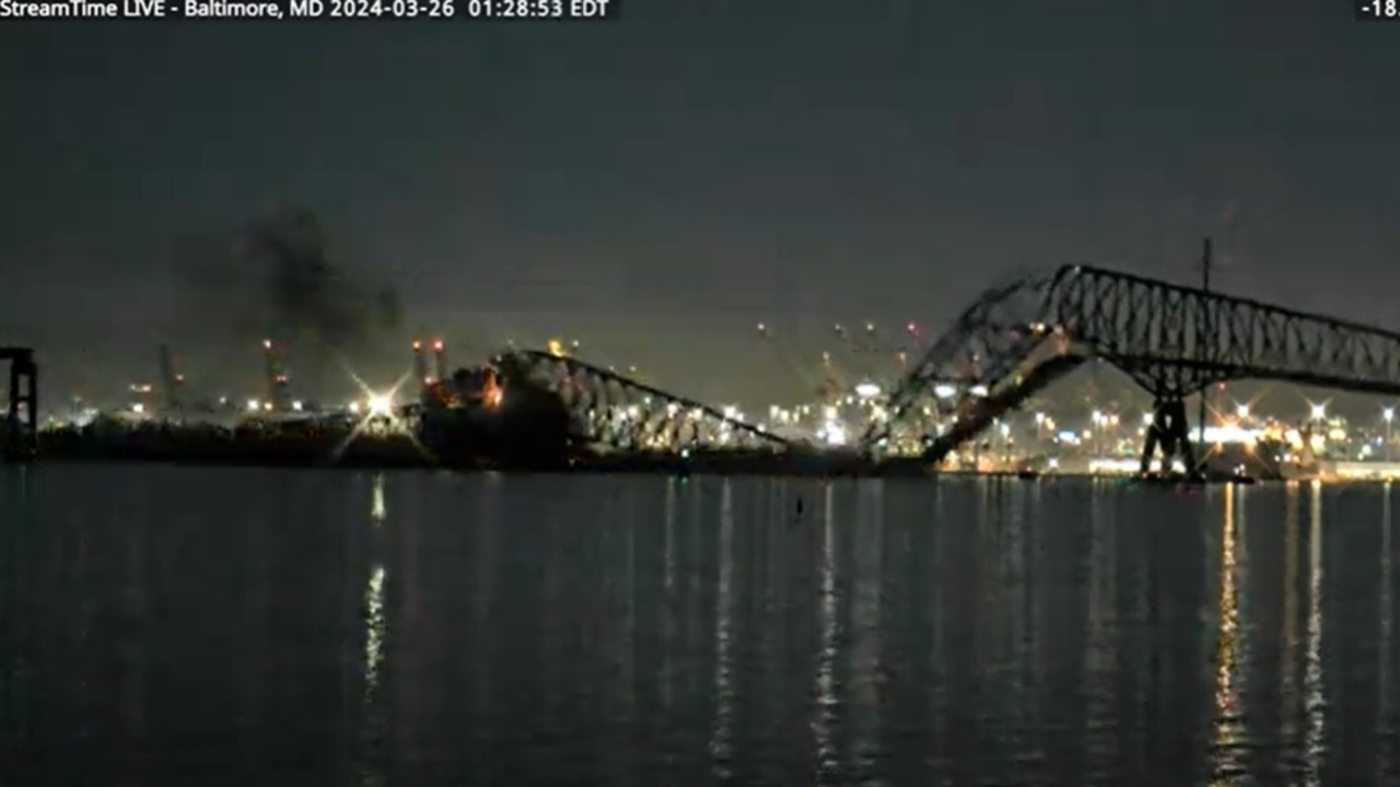 The FBI launched a criminal probe targeting the container ship that crashed into the bridge and the National Transportation Safety Board opened an investigation into the disaster. Picture: StreamTime Live