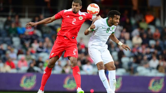 Asian Cup warm up match Saudi Arabia v Bahrain. Simonds Stadium, Geelong. 7pm. 2 Bahrain: Mohamed Hussain Mohamed 3 Saudi: Osama Hawsawi Picture: Mitch Bear