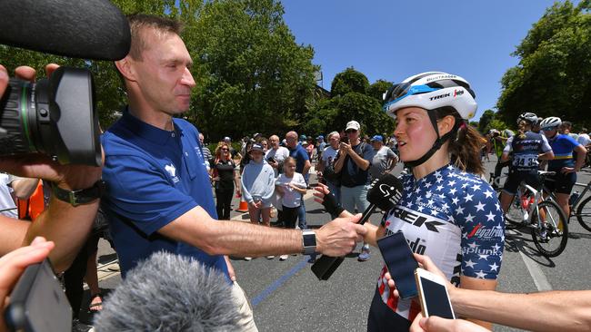 Jens Voigt interviews Ruth Winder during the women’s tour this week. Picture: Tim de Waele (Getty)