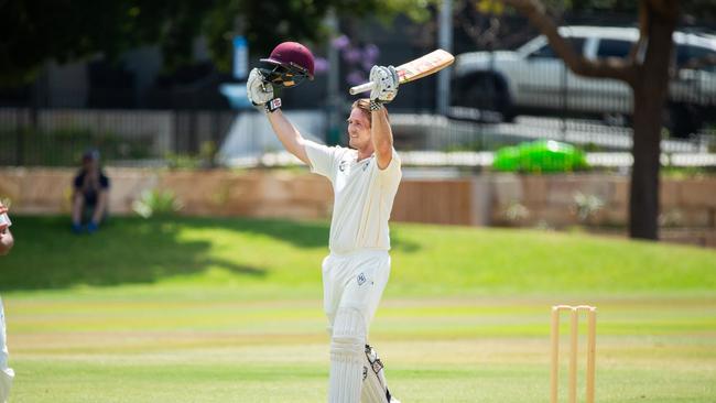 Western Suburbs Ben Maynard celebrates a century. (AAP Image/Richard Walker)