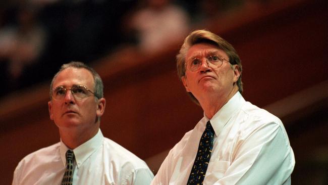 Brisbane coaches Bruce Palmer and Brian Kerle. Convention centre basketball Brisbane Bullets vs Canberra Cannons.