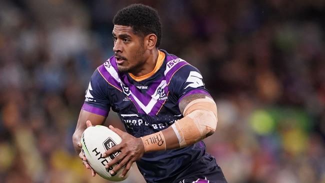 Tui Kamikamica of the Melbourne Storm runs with the ball during the second NRL Semi Final match between the Melbourne Storm and the Parramatta Eels at AAMI Park in Melbourne, Saturday, September 21, 2019. (AAP Image/Scott Barbour) NO ARCHIVING, EDITORIAL USE ONLY