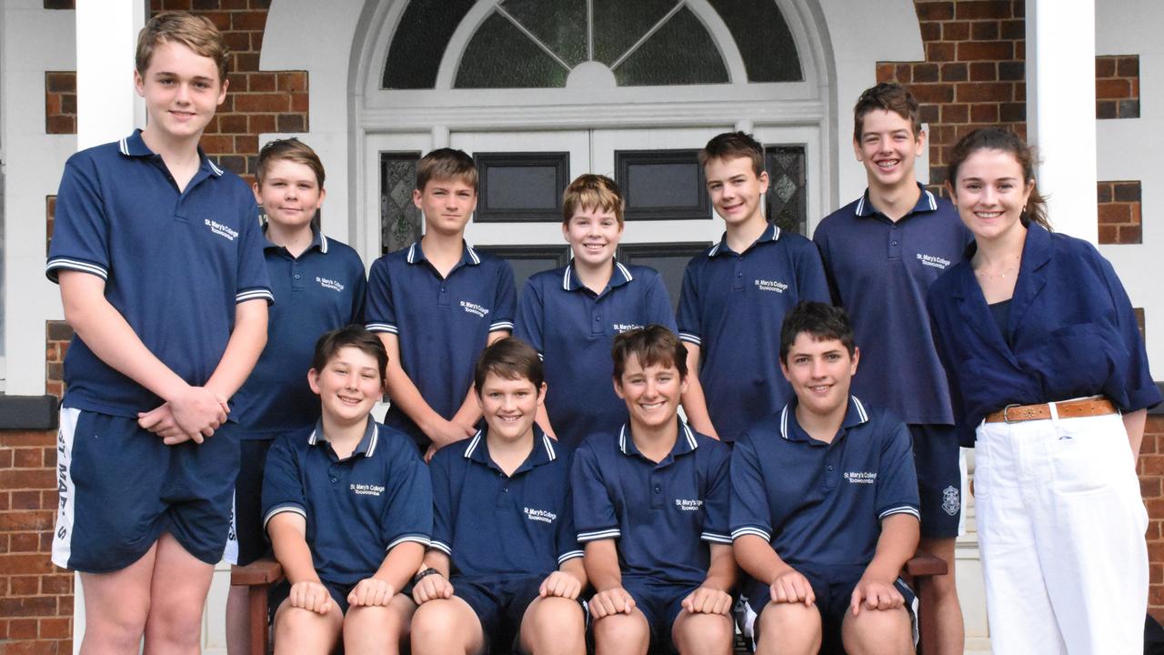 The St Mary's College Laura Geitz Cup netball team (Back, from left) Hayden Beckett, Alex Goddard, Cooper Geiger, Brock Markey, Max Anderson, Caiden Bridger, Madeleine Rayner (coach). (Front, from left) Lucas Norton, Nick Jewell, Alex Maddison, Aidan Burke. Photo: Contributed