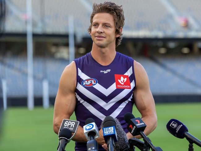 PERTH, AUSTRALIA - MARCH 09: Nat Fyfe of the Dockers talks with the media during 2022 AFL Premiership Captain's Day at Optus Stadium on March 09, 2022 in Perth, Australia.  (Photo by Paul Kane/Getty Images)